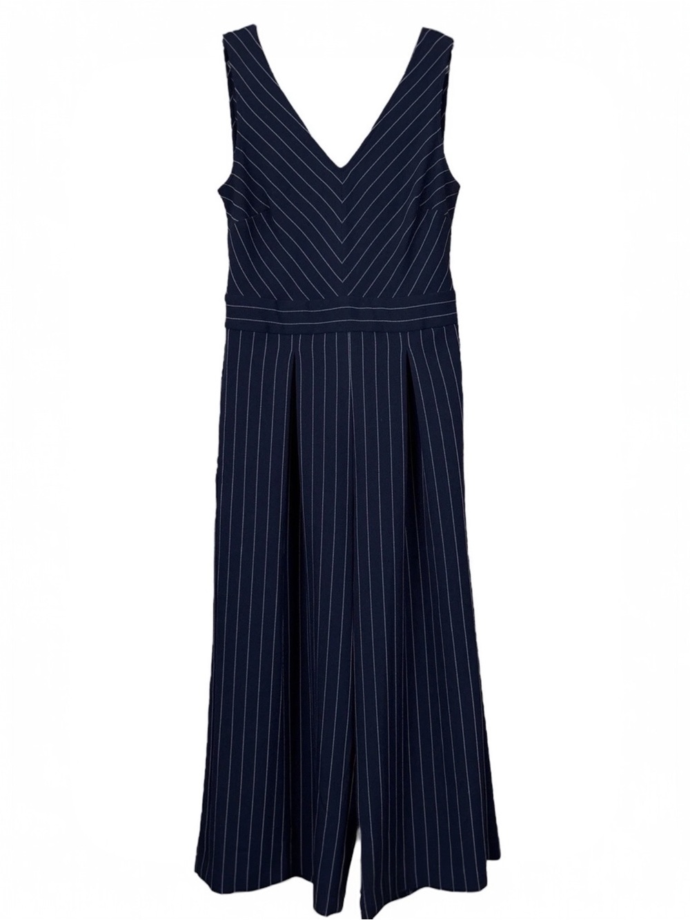 1901 Pleated Pinstripe Wide Leg V Neck Cocktail Jumpsuit Navy Blue White Size 8